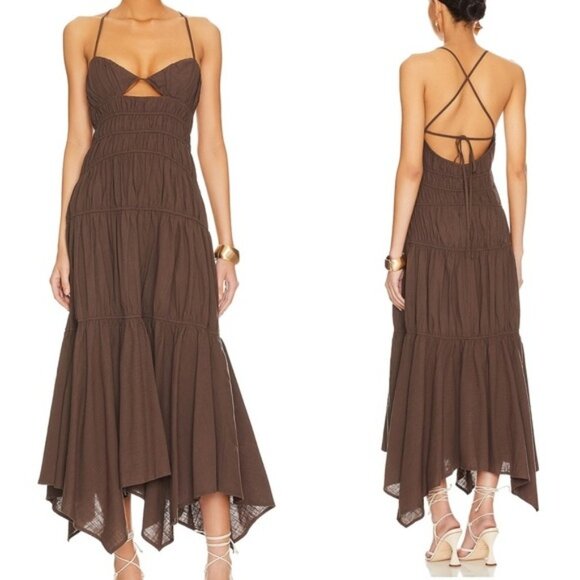 SNDYS Tahlia Dress Size XS Chocolate Brown Cotton Cut-out Crisscross Back Tie - Picture 1 of 9